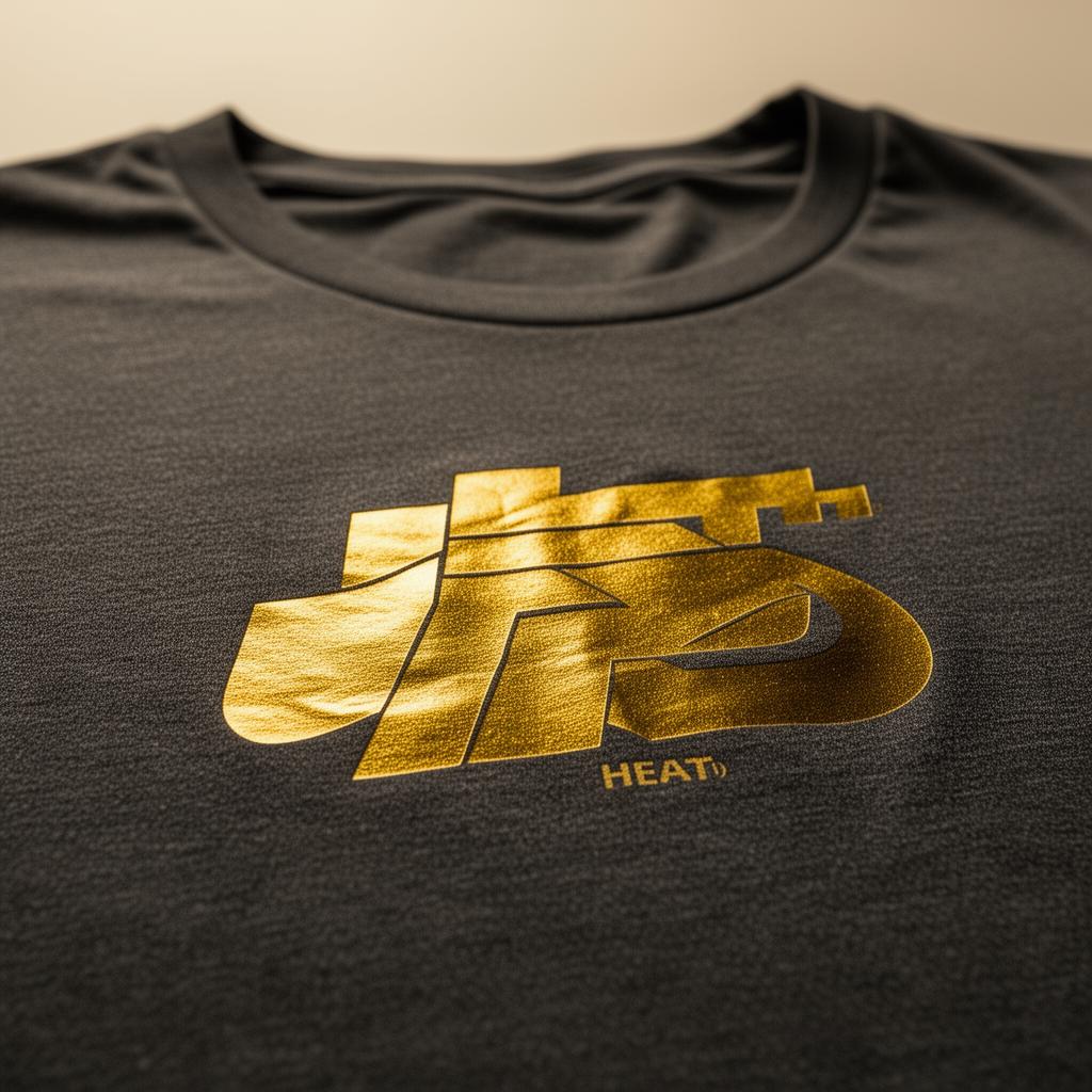 Metallic gold heat-pressed foil graphic catching the light on a dark garment