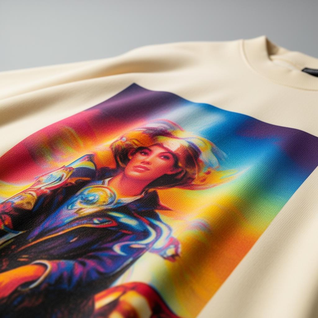 Full-color digital transfer print with photographic detail and smooth gradients on a tee
