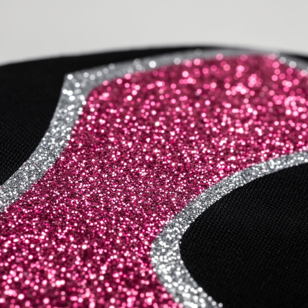 Sparkling glitter heat-press print with embedded reflective flakes on apparel