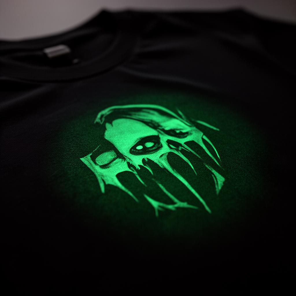 Photoluminescent glow-in-the-dark print emitting a soft green glow on a tee in low light