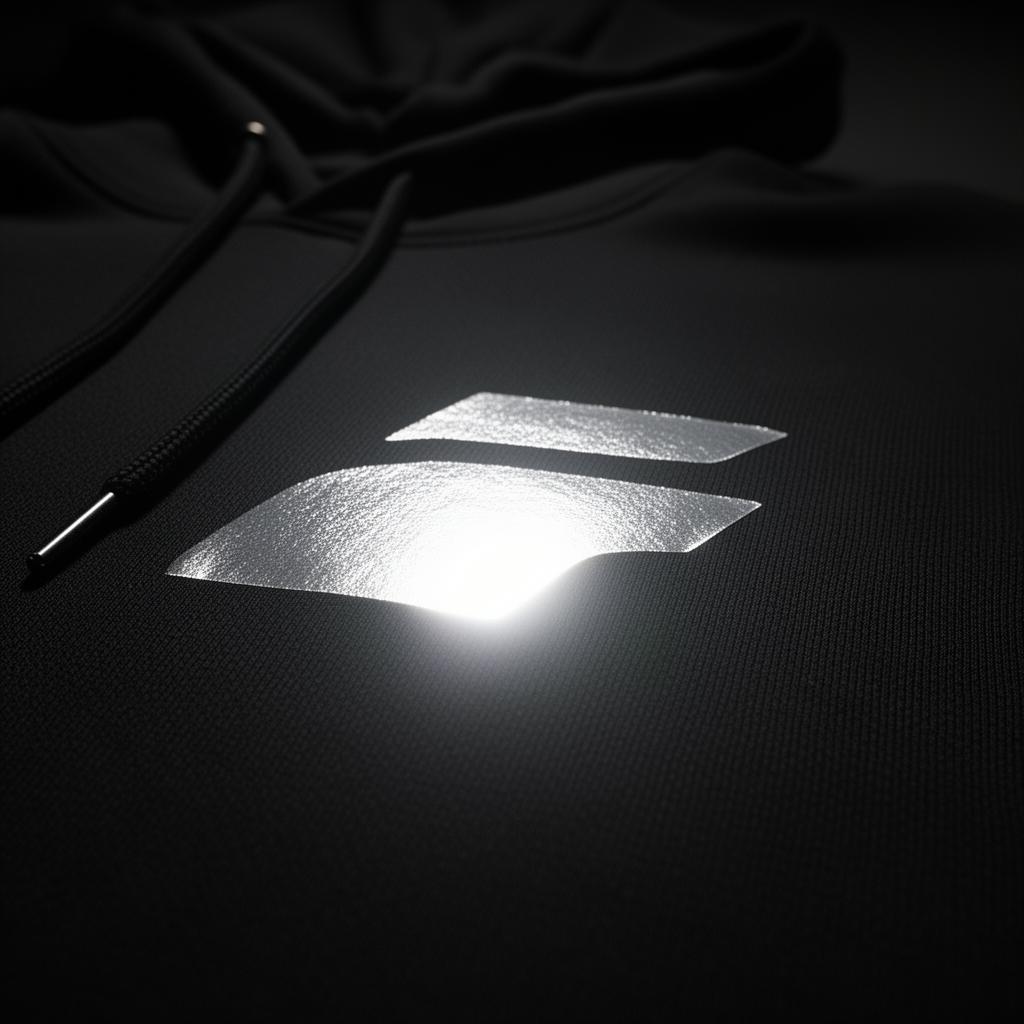 Retroreflective silver heat-press print flashing bright under direct light on a dark garment