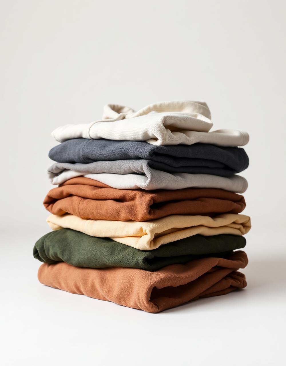 Folded stack of premium tees, polos and hoodies in core colorways