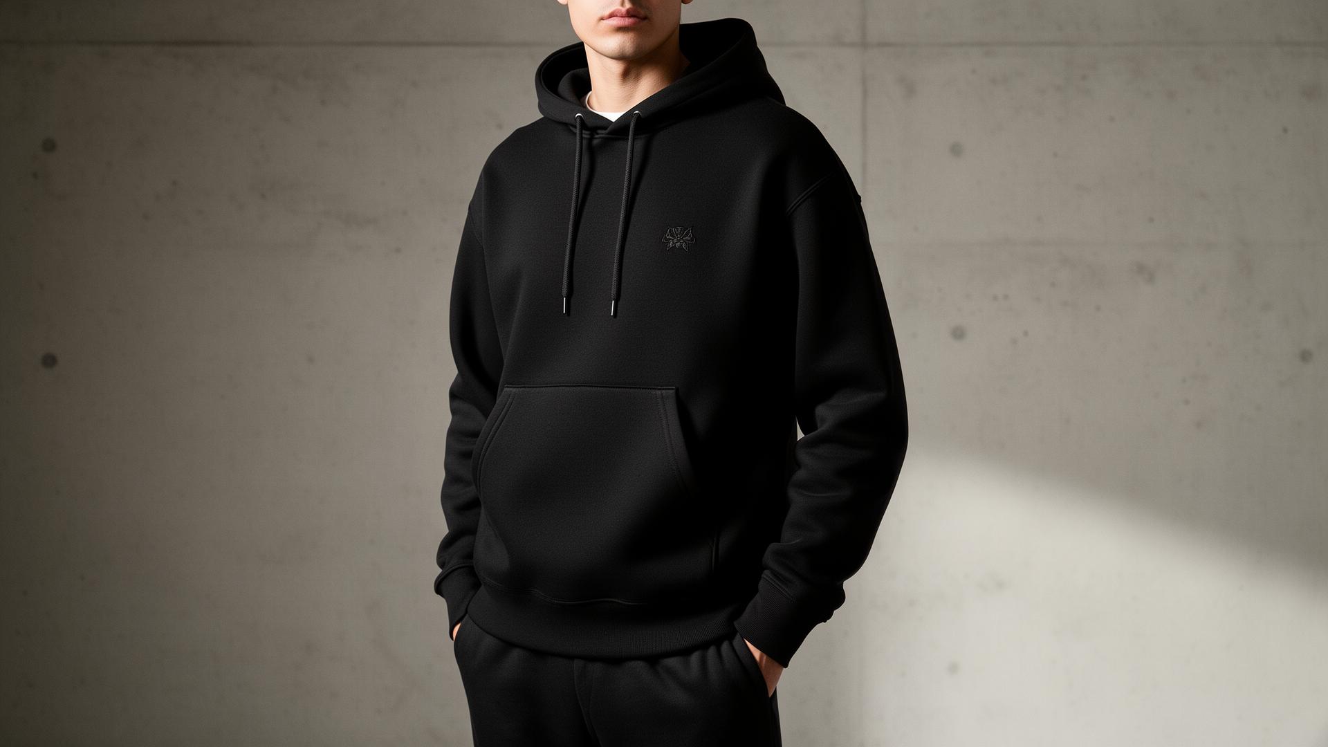 Person wearing a premium black hoodie with embroidered logo